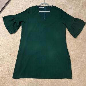 Green V-Neck Dress with Ruffle Sleeves